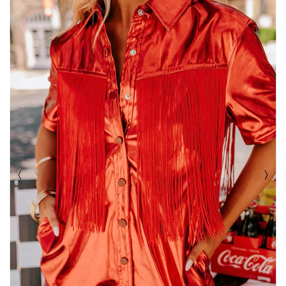 Western red fringe button up dress